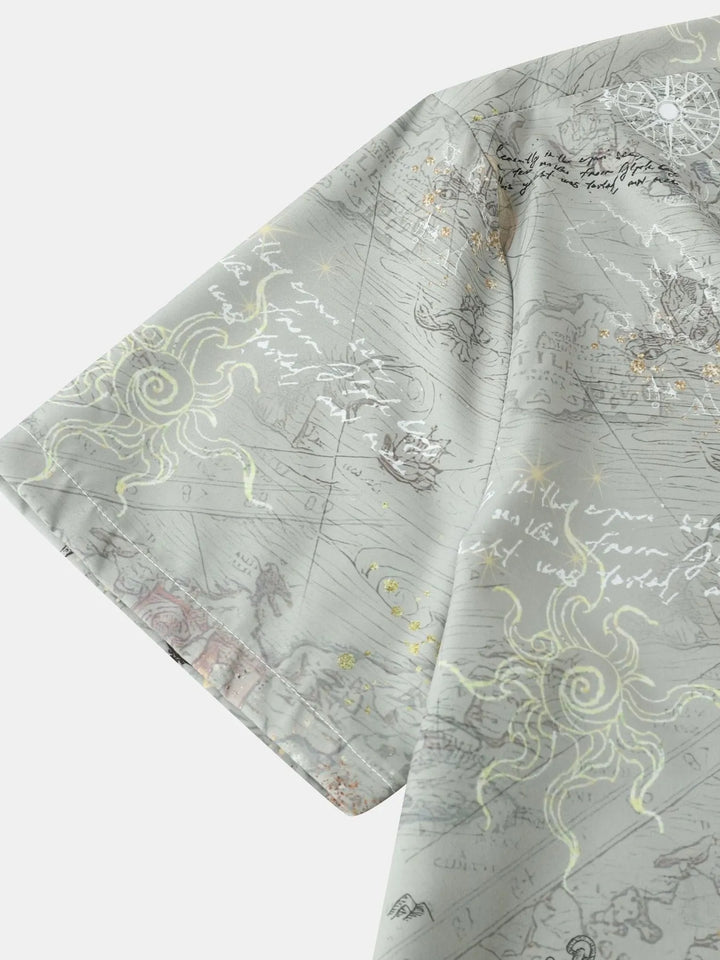 Men's Vintage Map Print Short Sleeve Button Down Shirt