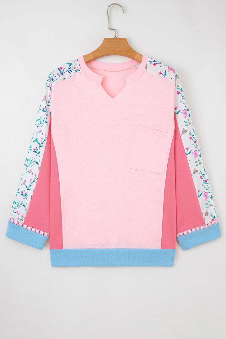 Light Pink Floral Colorblock Patchwork Chest Pocket Notched Neck Long Sleeve Top