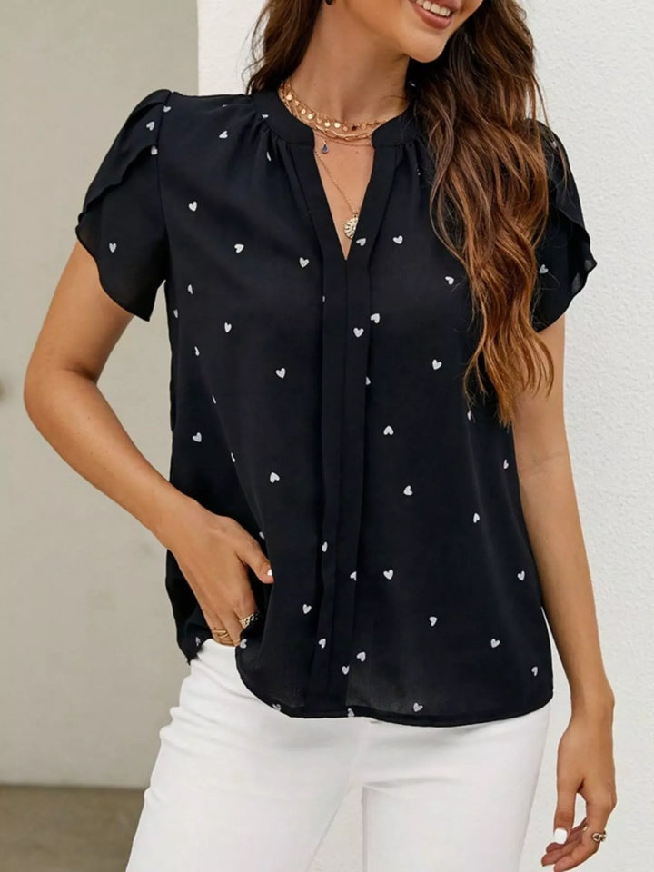 Heart Print Petal Sleeve Blouse