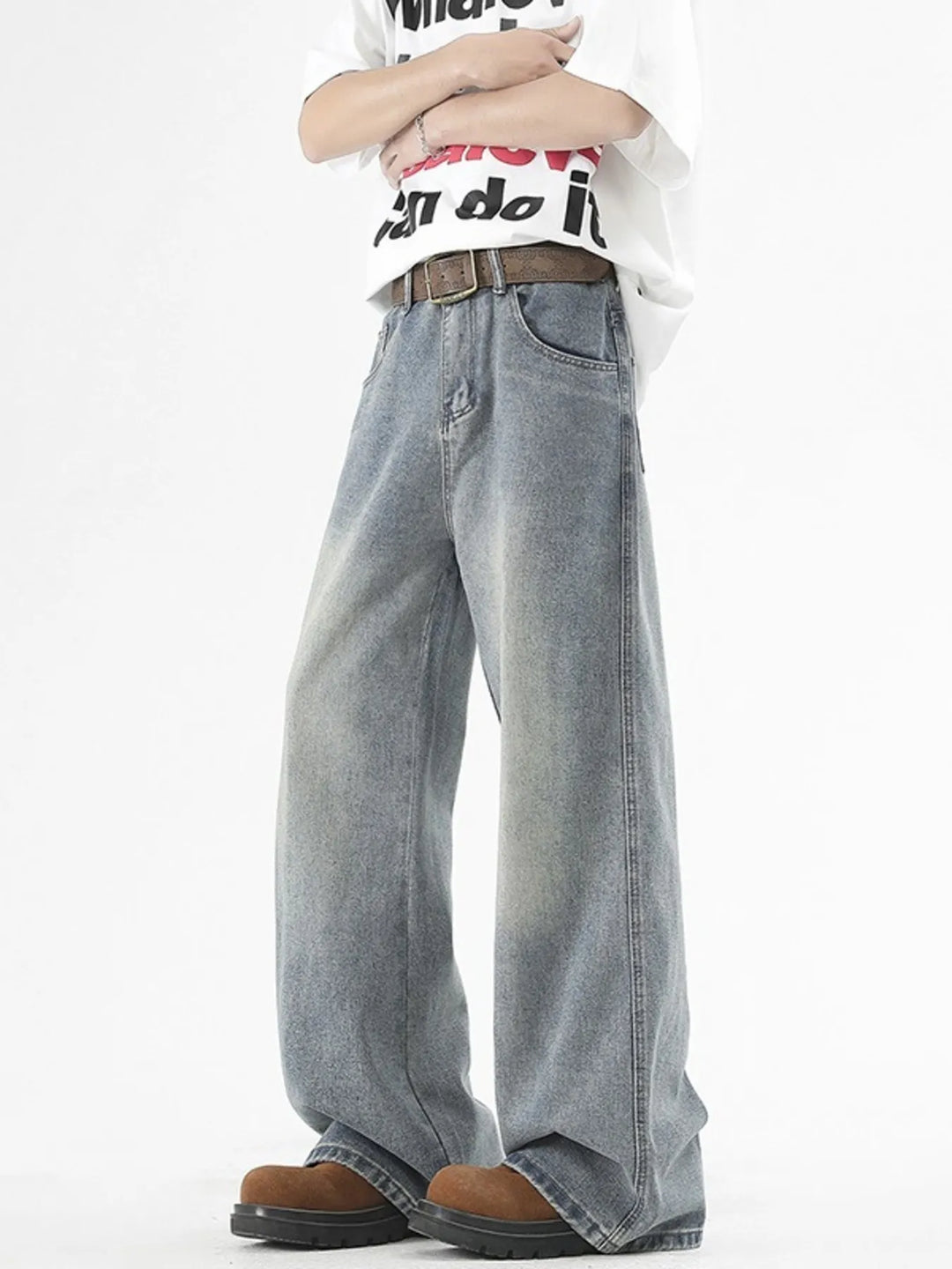 Men's Plus Size Washed Wide Leg Jeans