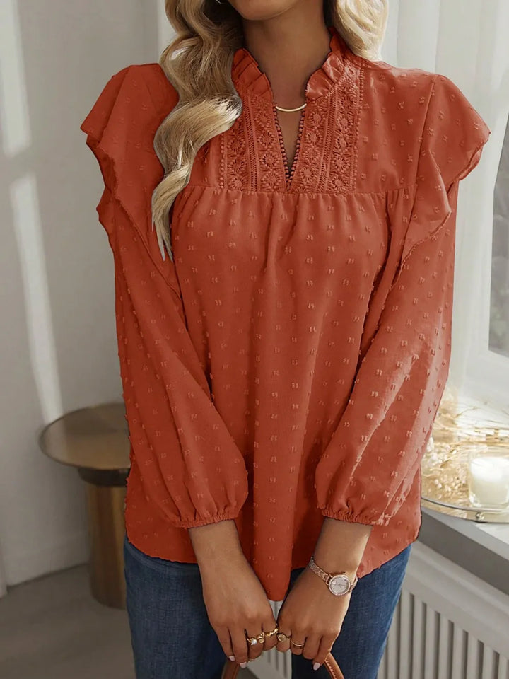 Swiss Dot Ruffled Long Sleeve Blouse