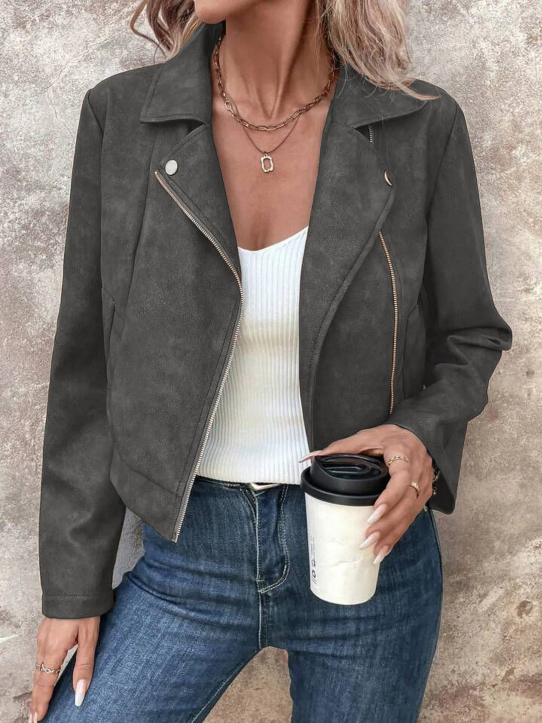 Zip Up Suede Cropped Moto Jacket