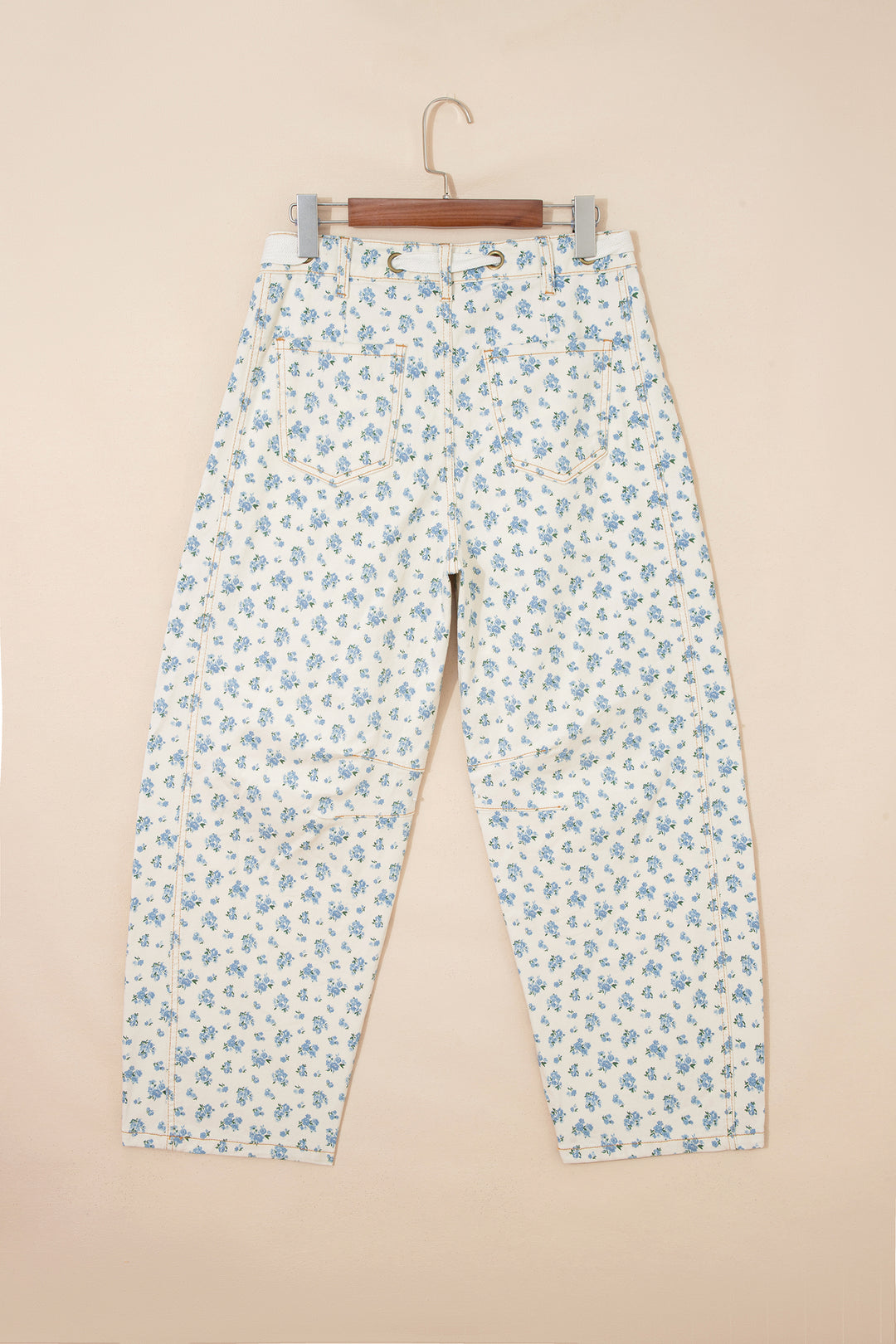 Beige Grommet Knot Waist Floral Barrel Leg Jeans