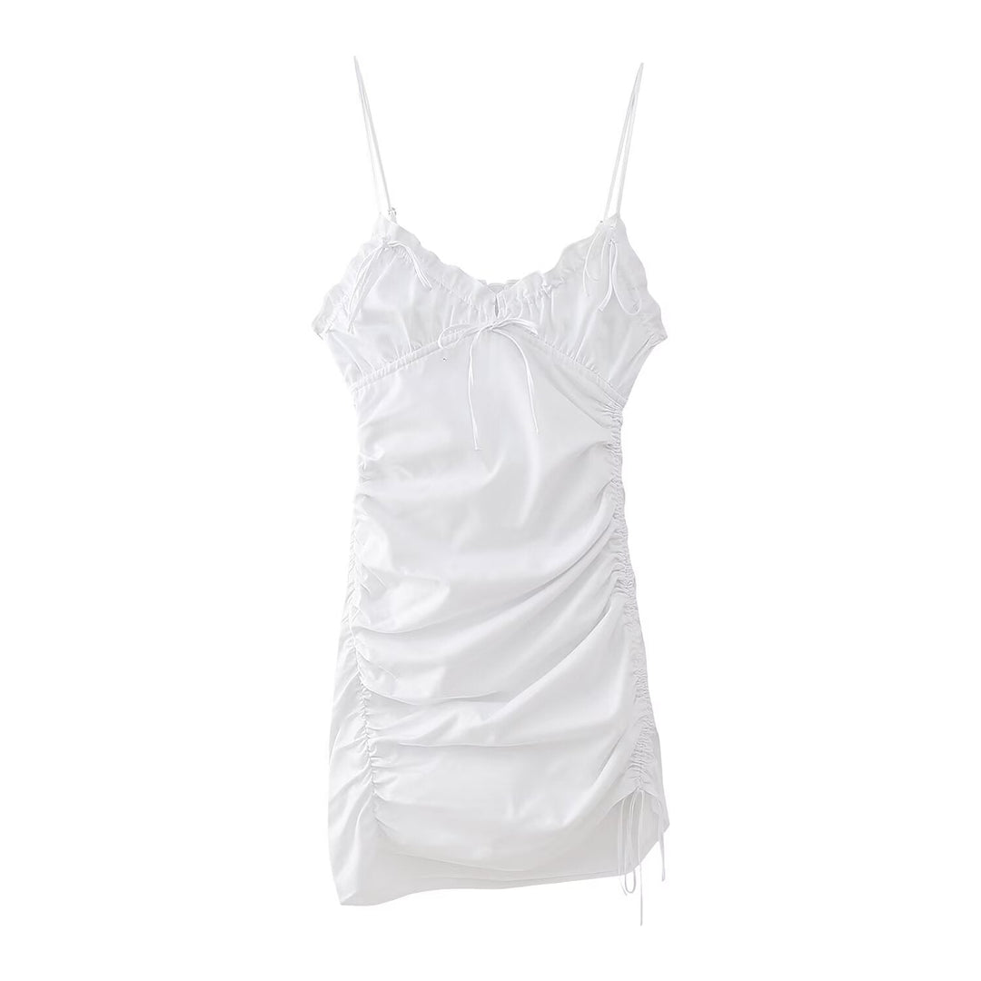 Summer Women Clothing Slim Fit Bow Decorative Pleated Short Dress