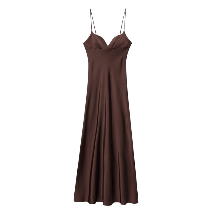 Women Clothing Summer Elegant Silk Satin Texture Strap Length Dress