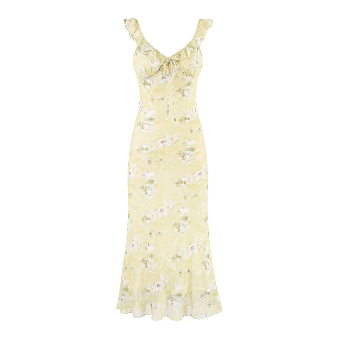 Summer Sexy V neck Flounce Chest Strap Small Floral Dress