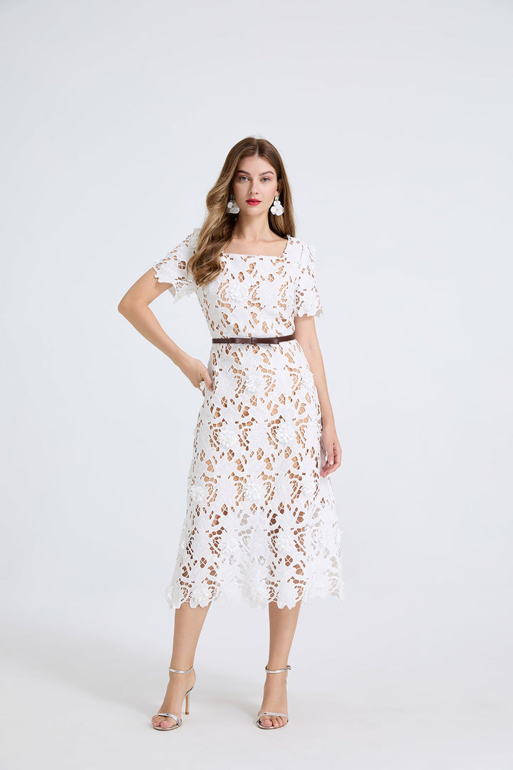 Women Elegant Water-Soluble Lace Open Square Neck Short Sleeved Dress