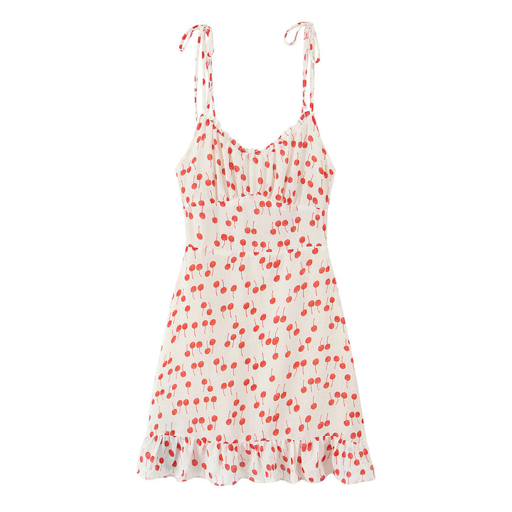 Spring Summer Sweet Printed Chic Wooden Ear Suspender French V neck Slim Short Dress