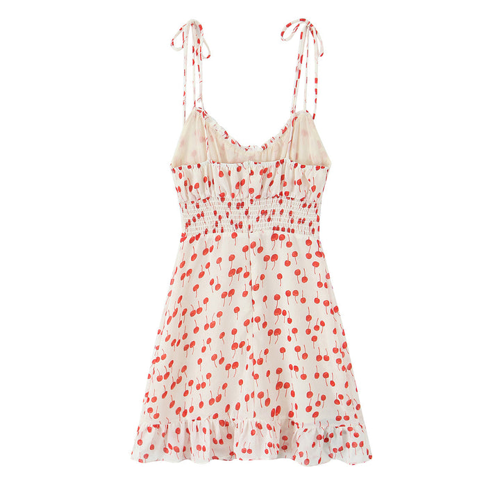 Spring Summer Sweet Printed Chic Wooden Ear Suspender French V neck Slim Short Dress