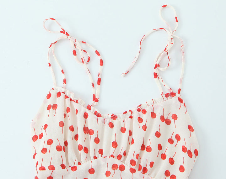 Spring Summer Sweet Printed Chic Wooden Ear Suspender French V neck Slim Short Dress