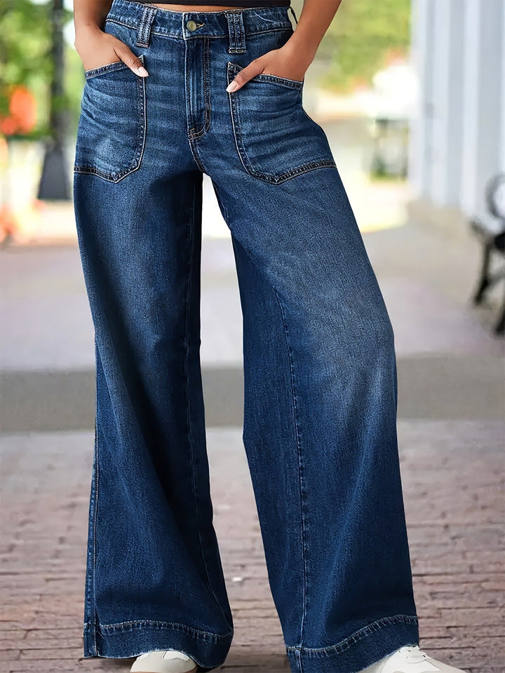 Ladies Stretch Outer Pocket Straight Wide Leg Denim Trousers