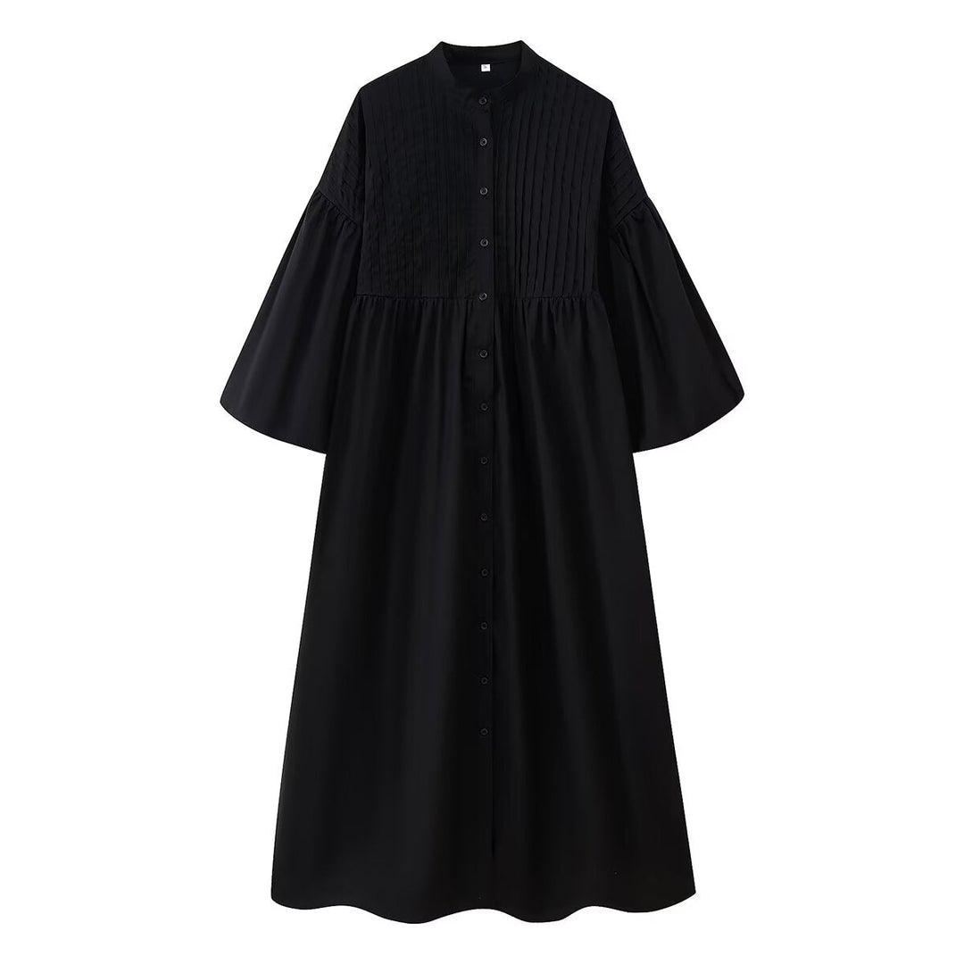 Summer Women Casual Loose round Neck Breasted Puff Sleeve Dress