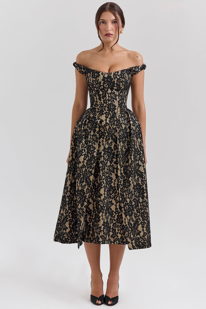 Off Shoulder Dress - Backless Floral Print Midi Dress with Waist Detail