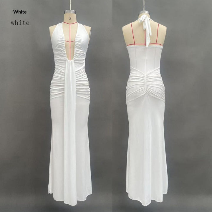Solid Color Elegant Halter Deep V Waist-slimming Long Dress