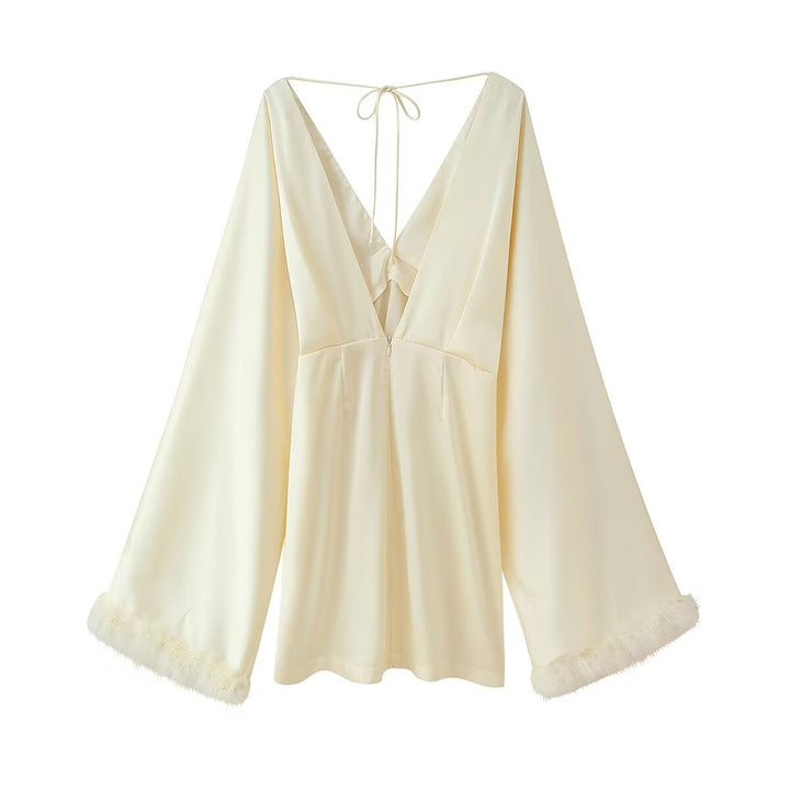 Women Clothing Fall Lightly Mature Intellectual Beauty Feather Trim Cuff Satin V neck Dress