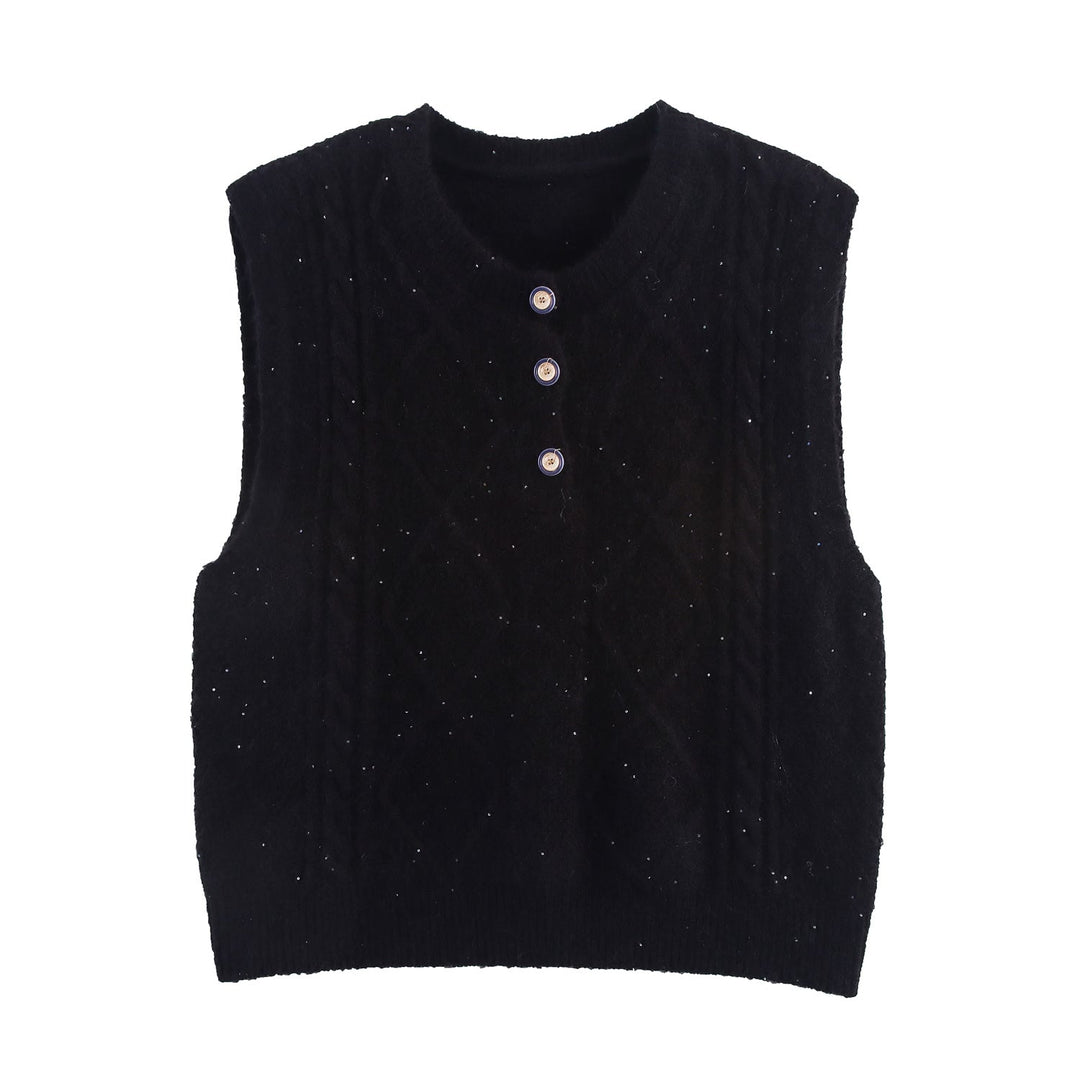 Women Clothing Autumn Sequined Diamond round Neck Half Cardigan Knitted Vest