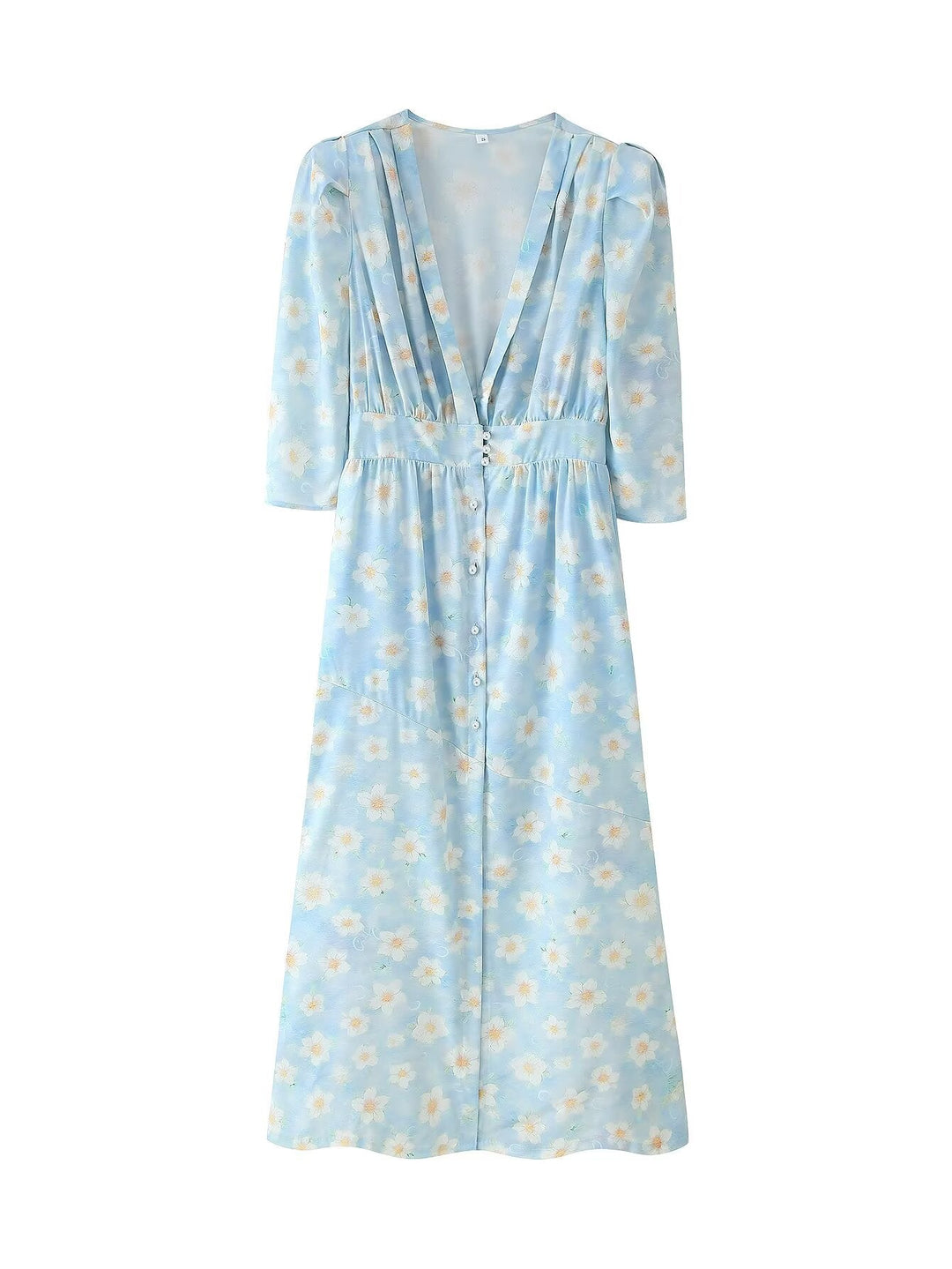 Summer Women Clothing Refined Stylish Simple V neck Printed Puff Sleeve Pearl Buckle Dress