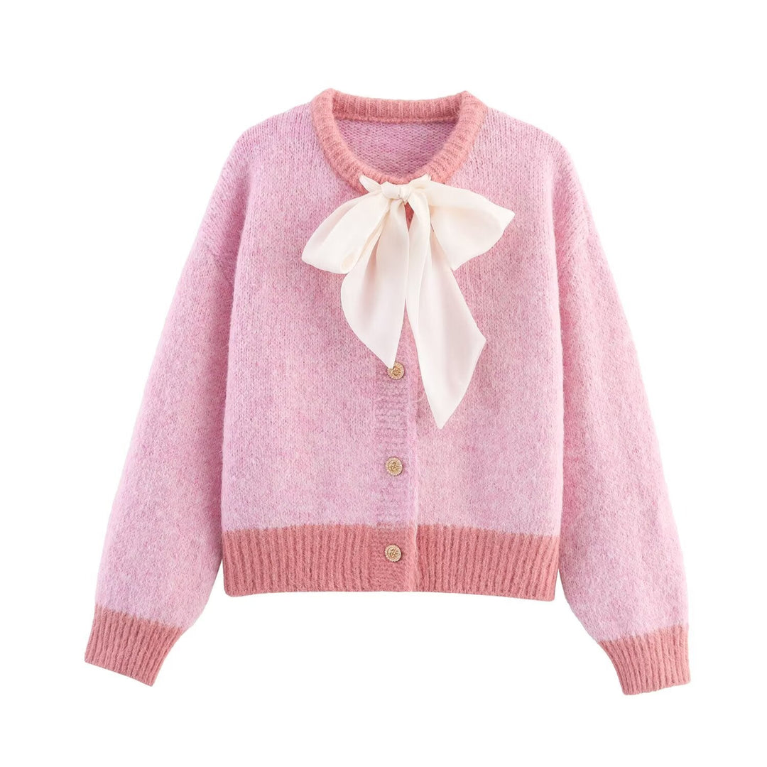 Women Clothing Fall round Neck Long Sleeve Bowknot Decorative Knitwear Coat