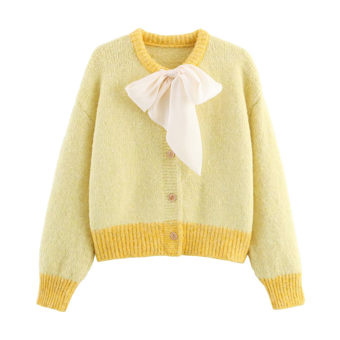 Women Clothing Fall round Neck Long Sleeve Bowknot Decorative Knitwear Coat
