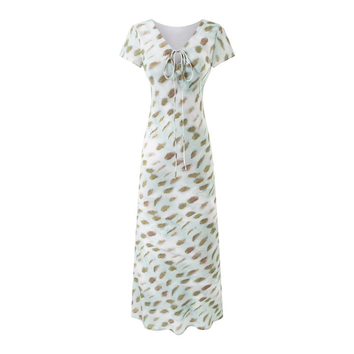 Summer Women Clothing Vacation Elegant V neck Lace up Short Sleeve Printed Dress