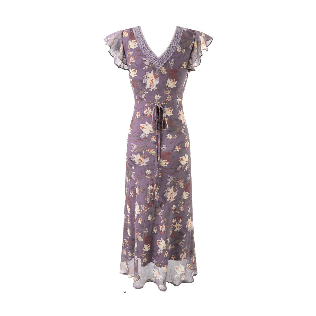 Summer Elegant Romantic Flying Sleeve Lace V neck Patchwork Long Floral Slim Fitting Dress