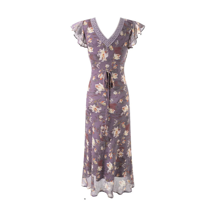 Summer Elegant Romantic Flying Sleeve Lace V neck Patchwork Long Floral Slim Fitting Dress