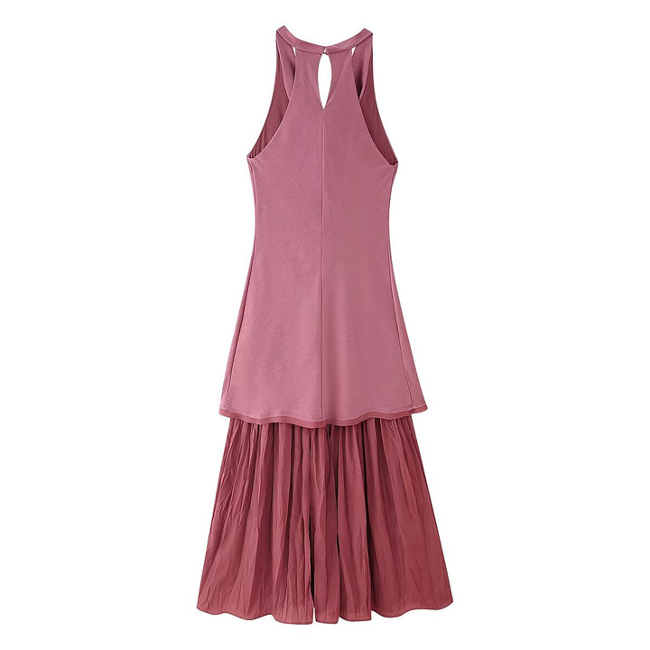Women Summer Sleeveless Pleated Stitching Midi Dress