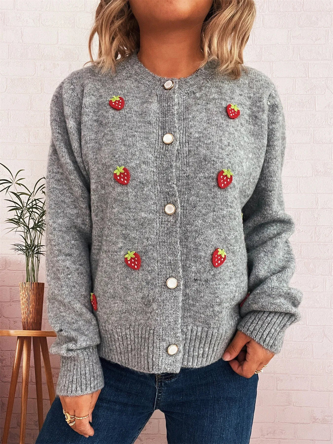 Strawberry Button Up Long Sleeve Cardigan