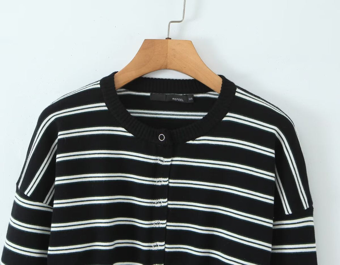 Fall Striped Sweater Top Sexy Slim Slimming Single Breasted Cardigan Coat for Women