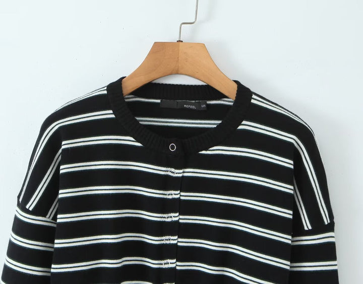 Fall Striped Sweater Top Sexy Slim Slimming Single Breasted Cardigan Coat for Women