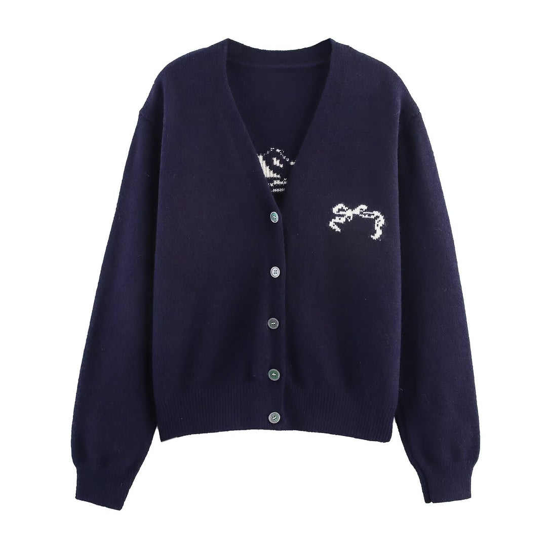 Autumn Women Casual All Match Loose Bow Ribbon Jacquard Sweater