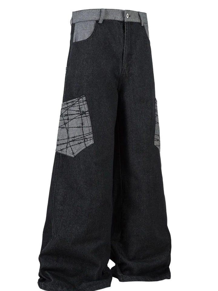 Men's Wide Leg Cargo Jeans with Contrast Panels