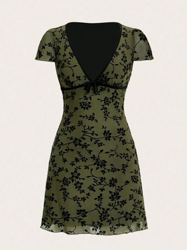 Printed V-Neck Short Sleeve Mini Dress