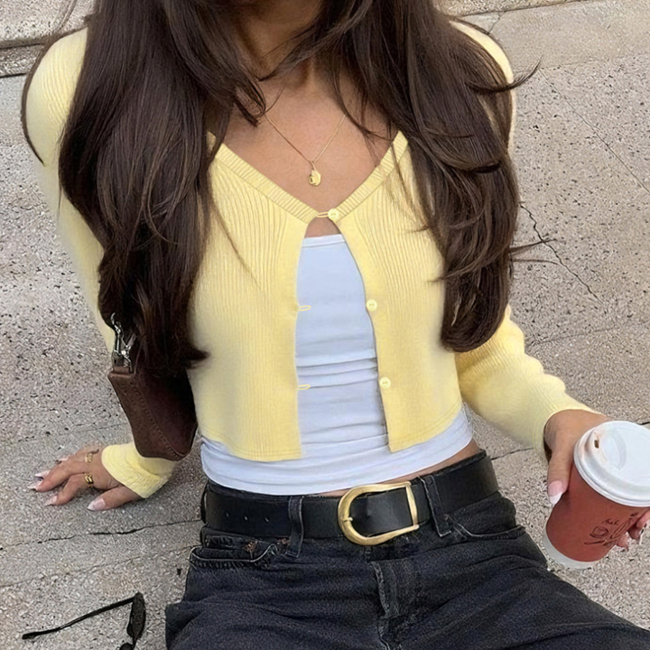 Women Clothing Summer Sexy Cardigan Button Cropped Long Sleeve T shirt Top