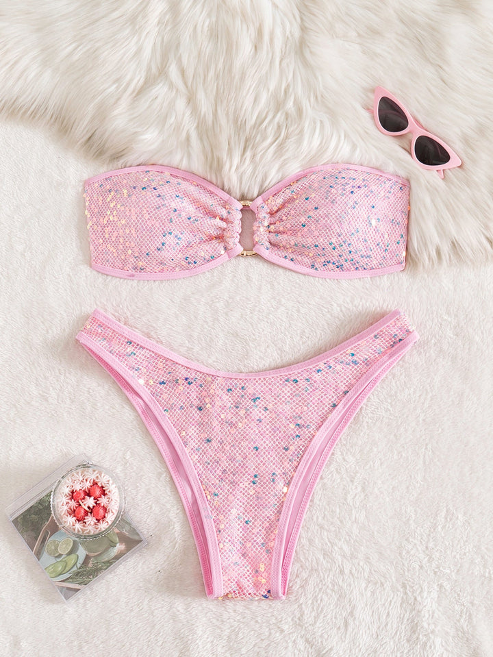 Split Sequ Solid Color Sexy Tube Top Banded Bikini