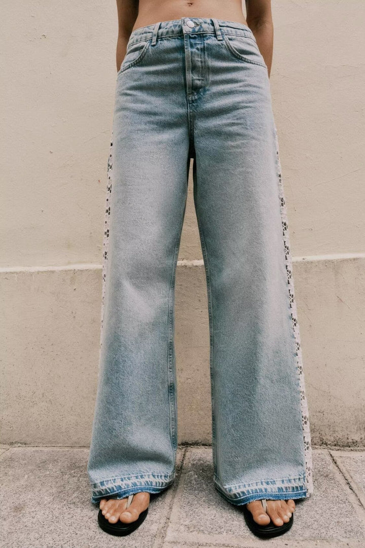 Women Clothing Spring Autumn Crochet Stitching High Waist Wide Leg Jeans