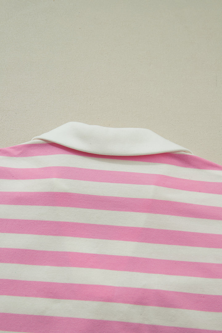 Pink Stripe Collar V Neck Ruffled Short Sleeve Blouse