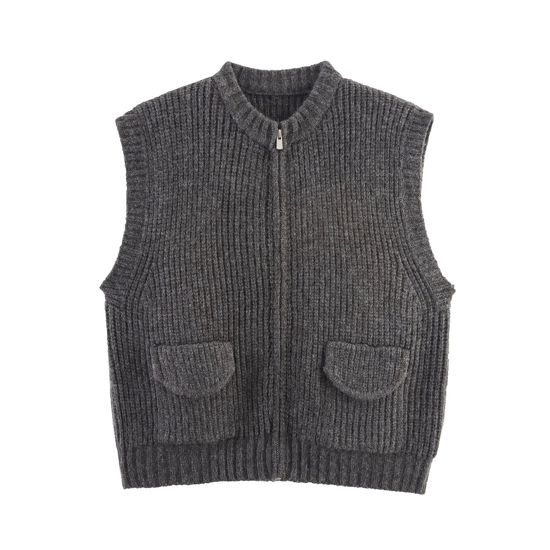 Fall Women Clothing Thick Needle round Neck Pocket Knitted Sweater Zipper Cardigan Vest