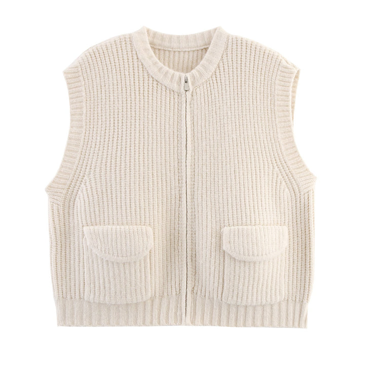 Fall Women Clothing Thick Needle round Neck Pocket Knitted Sweater Zipper Cardigan Vest