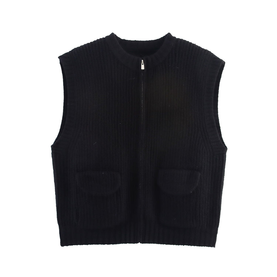 Fall Women Clothing Thick Needle round Neck Pocket Knitted Sweater Zipper Cardigan Vest