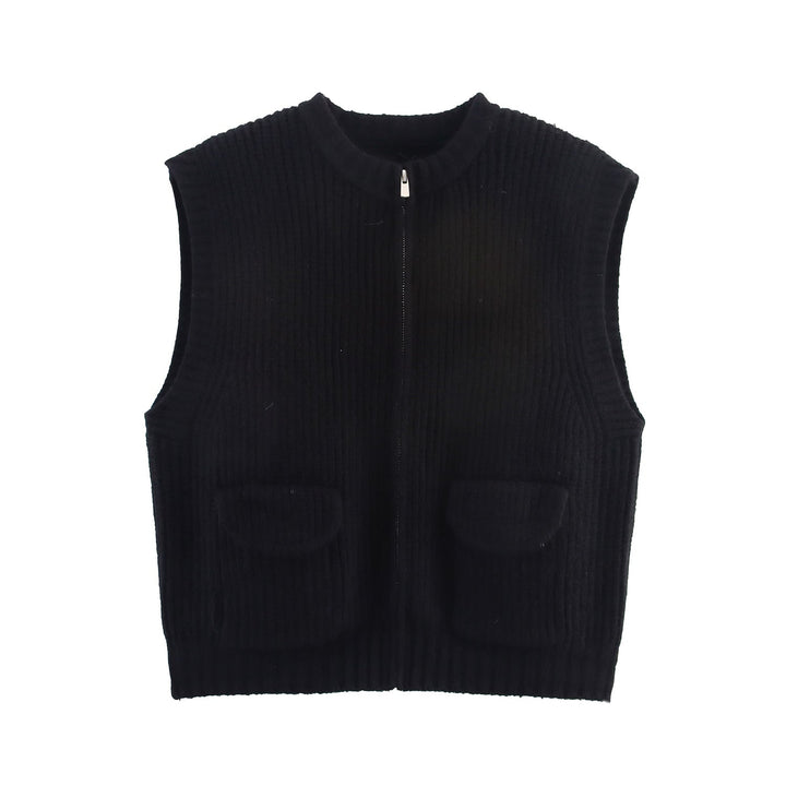 Fall Women Clothing Thick Needle round Neck Pocket Knitted Sweater Zipper Cardigan Vest