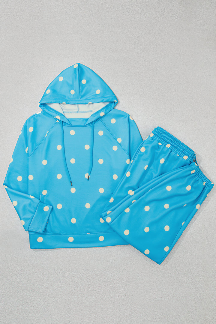 Blue Polka Dot Hooded Drawstring Long Sleeve Plus Size Set