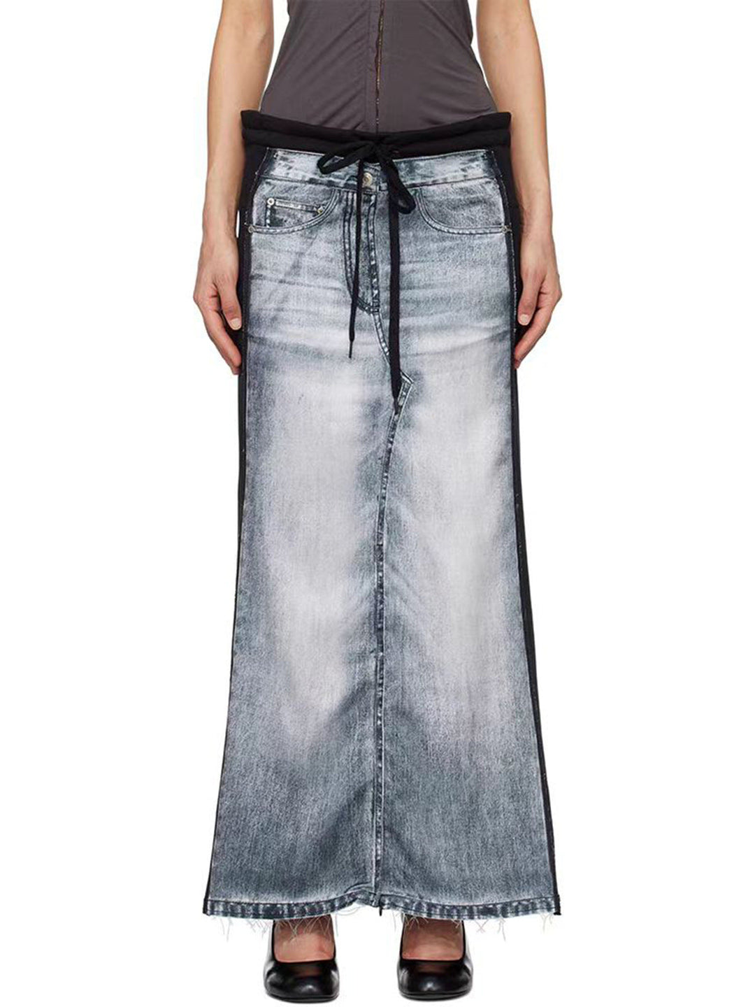 Spring Summer Deconstruction Niche Design Worn Looking Washed out Denim Printing Patch Sweater Long Skirt Women