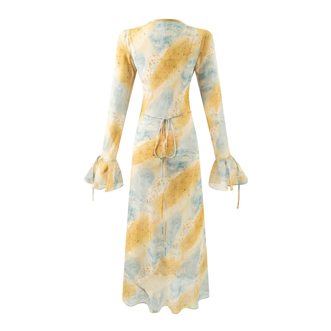 Autumn Women Clothing V neck Mid Length Printed Dress Women