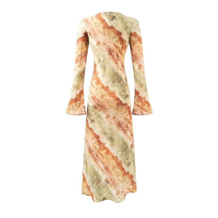 Vintage Printed Chic Flared Long Sleeve Vacation Dress round Neck Maxi Dress