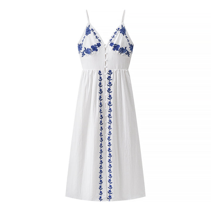 Women Clothing Fall Vacation Embroidered Strap Mid Length Dress