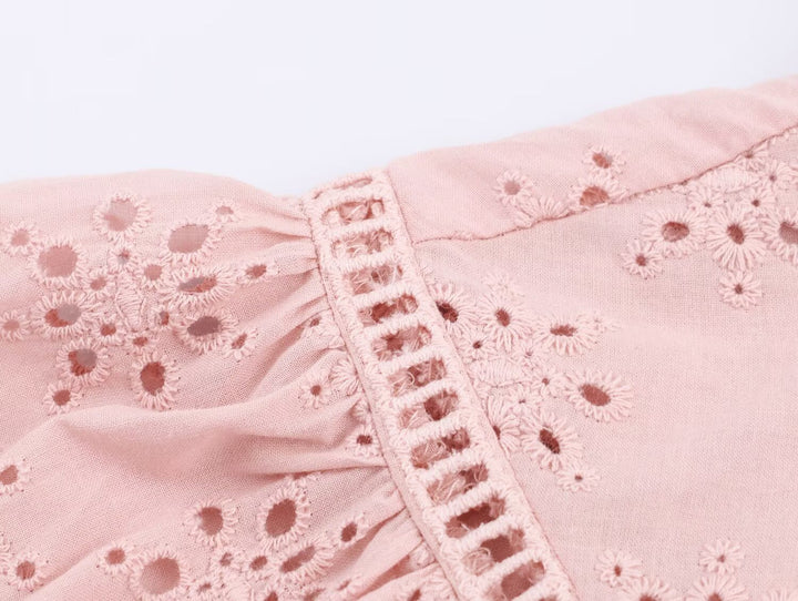 Women Clothing Casual Hollow Out Cutout Embroidered Shirt