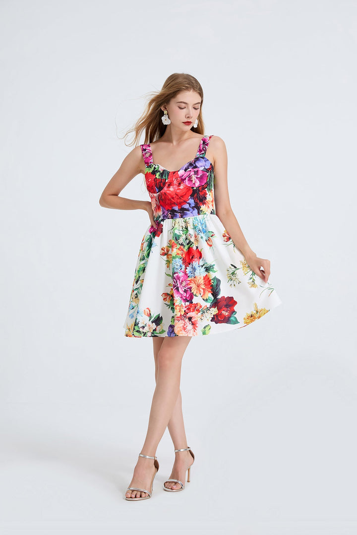 Women High Waisted Printed Halter Top Short Dress With Elastic Back Straps