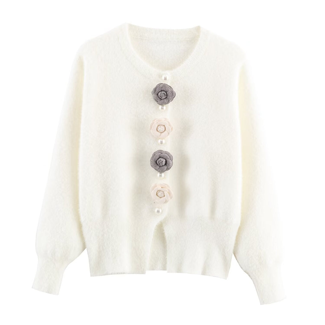 Women Clothing French Classic Chic Beaded Wool Three Dimensional Floral Knitted Imitation Mink Cardigan Coat