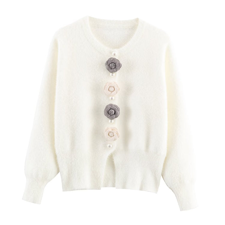 Women Clothing French Classic Chic Beaded Wool Three Dimensional Floral Knitted Imitation Mink Cardigan Coat